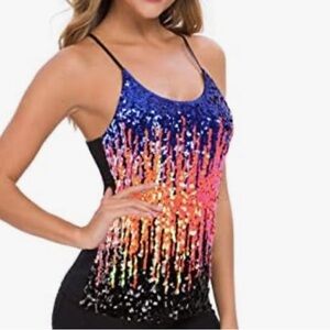MANER Sequin Glitter Party Strappy Tank Top Sparkle Cami Camisole Multicolor S